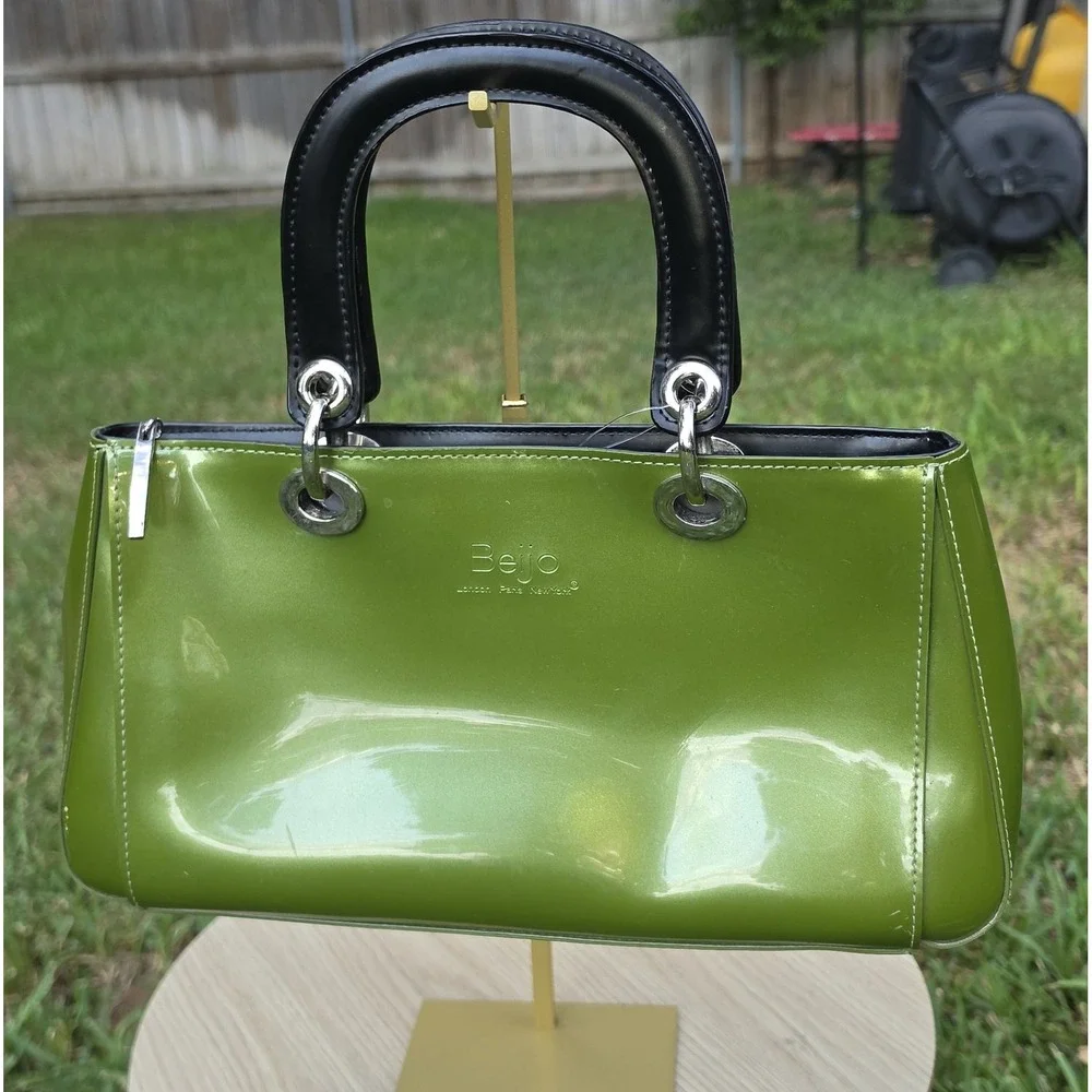 Beijo Lime Green Patent Leather Satchel Bag Black Handles Silver Hardware